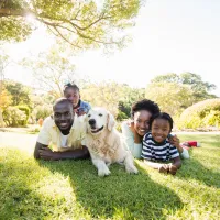 Family of four and dog laying on grass outside