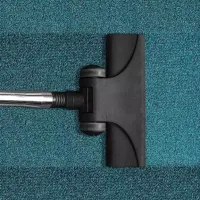 A vacuum cleaning a bluegreen carpet