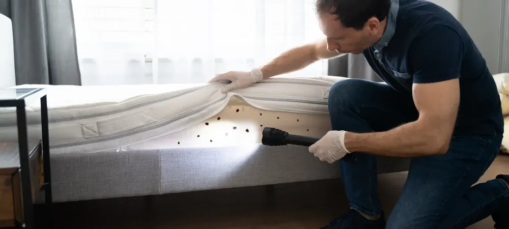 Inspection of hotel room with bed bugs