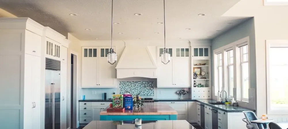 Clean blue and white kitchen