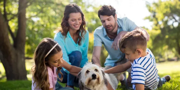 Family of four laying on grass petting their dog