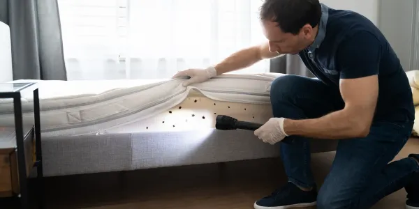 Inspection of hotel room with bed bugs